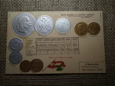Ausztria - Magyarország érmék dombornyomott pénzes levelezőlap ! Korona rendszer ! Ritka