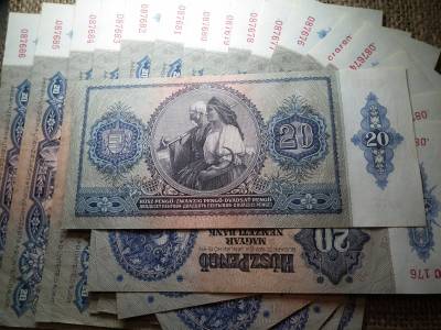 20 pengő 1941 , 17 db gyönyörű - hajtatlan sorszámkövető ! Eredeti banki kötegelő ! Magyar Általános Hitelbank 