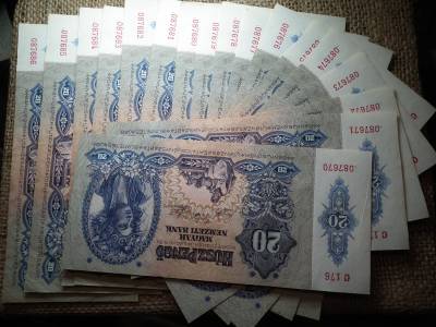 20 pengő 1941 , 17 db gyönyörű - hajtatlan sorszámkövető ! Eredeti banki kötegelő ! Magyar Általános Hitelbank 