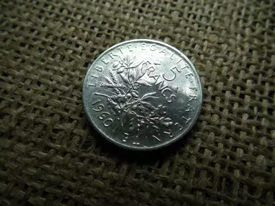 Franciaország , ezüst 5 frank 1960 , francs 
