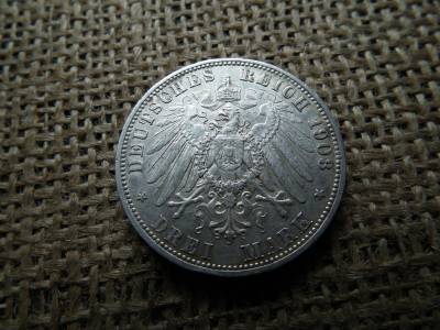 Ezüst 3 márka 1908 F , II. Vilmos