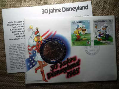 Amerika Egyesült Államok , Maldív-szigetek , érem és bélyeges boríték ! 1985 ! 30 éves Disneyland 1955 - 1985 , Kacsa és egér 