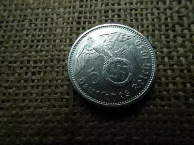 Birodalmi ezüst 5 márka 1936 D , Nagy sasos - horogkeresztes 