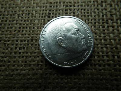 Birodalmi ezüst 5 márka 1936 D , Nagy sasos - horogkeresztes 