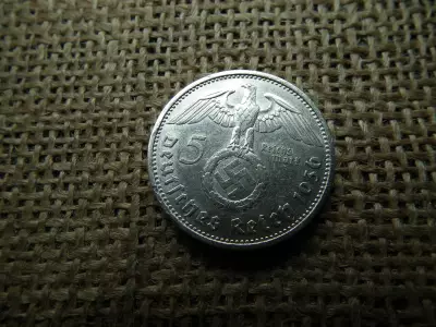 Birodalmi ezüst 5 márka 1936 F , Nagy sasos - horogkeresztes 