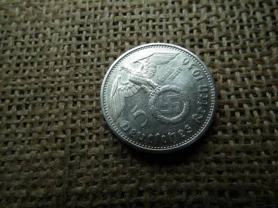 Birodalmi ezüst 5 márka 1936 G , Nagy sasos - horogkeresztes 