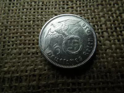 Birodalmi ezüst 5 márka 1936 J , Nagy sasos - horogkeresztes 