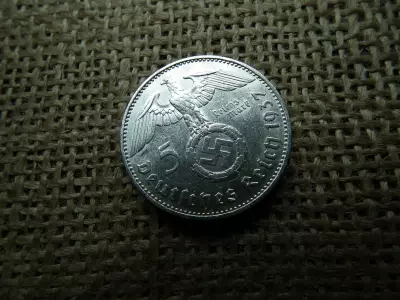 Birodalmi ezüst 5 márka 1937 F , Nagy sasos - horogkeresztes