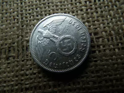 Birodalmi ezüst 5 márka 1939 F , Nagy sasos - horogkeresztes 