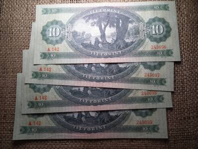 10 forint 1962 , vízjeles , ritka , 4 db sorszámkövető 10 forint 1962 , vízjeles , ritka , 4 db sorszámkövető