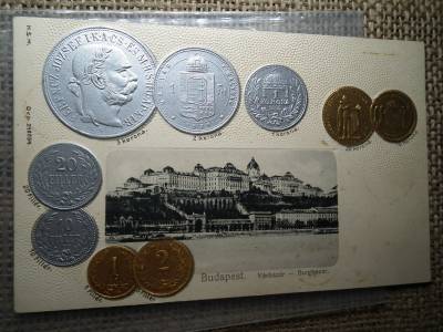 Ausztria - Magyarország érmék dombornyomott pénzes levelezőlap ! Korona rendszer ! Ritka , Budapest Várbazár 