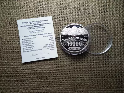 Ezüst 10000 forint 2014 PP - Az MNB alapításának 90. évfordulójára + certi , D