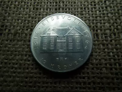 Norvégia ezüst 10 korona 1964 , Olav V. Alkotmány hetedik évfordulója