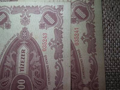 10000 pengő 1945 , 2 db sorszámközeli 10000 pengő 1945 , 2 db sorszámközeli