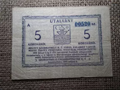 5 korona 1919 , Szombathely , alacsony sorszám