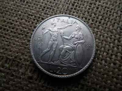 Olaszország 20 lire 1928  ,líra , III. Viktor Emánuel , utánveret , elvileg ezüst 