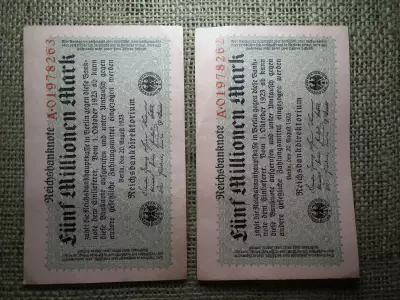 Németország 5 millió márka 1923 , 2 db sorszámkövető , fünf millionen mark