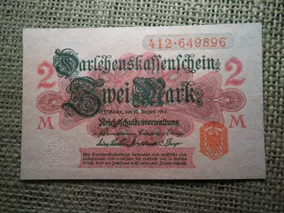 2 márka 1914 , Mark Darlehenskassenschein - piros alányomással és piros pecséttel