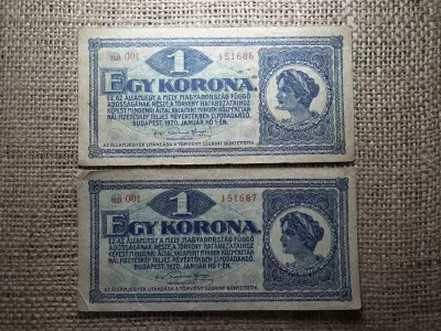 1 korona 1920 , sorszámkövető , aa001 , nagyon alacsony sorozatszám 