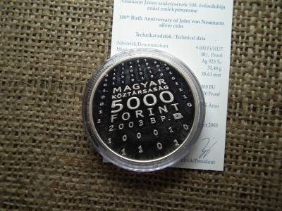 Neumann János 5000 forint 2003 PP ezüst + certi 