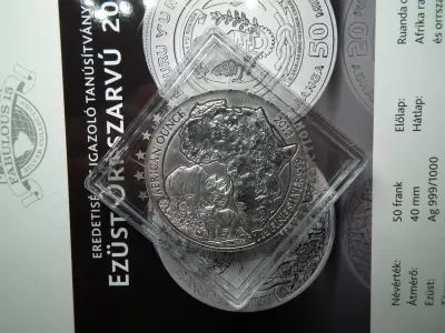 Ruanda ezüst 50 frank 2012 , francs , Orrszarvú borjával , 1 uncia szín 