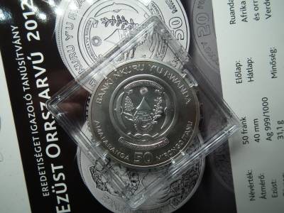 Ruanda ezüst 50 frank 2012 , francs , Orrszarvú borjával , 1 uncia szín 