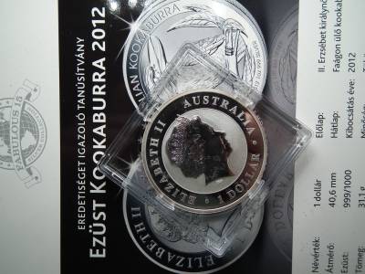 Ausztrália ezüst 1 dollár 2012 – II. Erzsébet 4. portré – ausztrál Kookaburra , ritkább , 1 uncia szín 