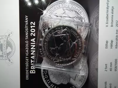 Anglia ezüst 2 pounds 2012 , font , Britannia alakja , 1 uncia szín tartalom 
