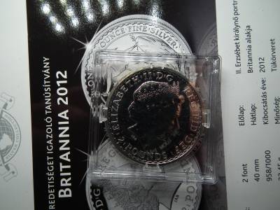 Anglia ezüst 2 pounds 2012 , font , Britannia alakja , 1 uncia szín tartalom 