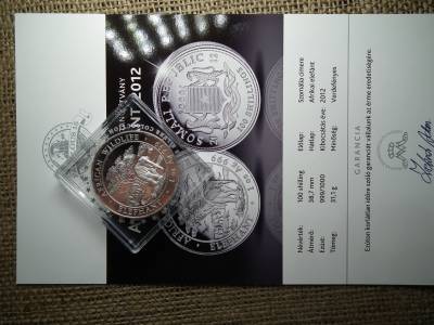 Szomália ezüst 100 shillings 2012 , shilling , Afrikai elefánt , 1 uncia szín ! Szomália ezüst 100 shillings 2012 , shilling , Afrikai elefánt , 1 uncia szín !