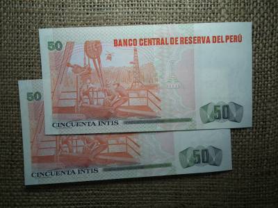 Peru 50 intis 1987 UNC , 2 db sorszámkövető , A1 Peru 50 intis 1987 UNC , 2 db sorszámkövető , A1