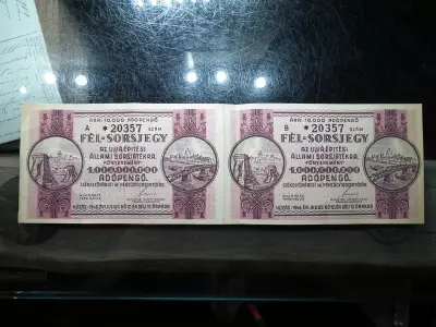 1946 Fél sorsjegy az Újjáépítési Állami Sorsjátékra fél sorsjegy 1.000.000.000 Adópengő , A - B , pár 