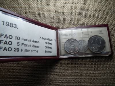 1983 évi Fao érme sor , 20 Fillér , 5 , 10 Forint , Eredeti tokban 1983 évi Fao érme sor , 20 Fillér , 5 , 10 Forint , Eredeti tokban