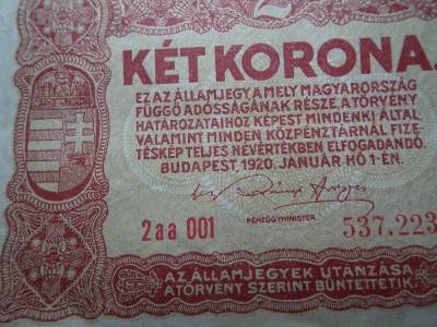 2 korona 1920 , alacsony sorozatszám ! 001 
