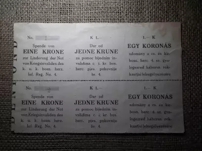 1 korona 1914 - 1918 ,  Egy koronás adomány a császári és királyi bosnia hercegovinai 4. számú gyalogezred háborús rokkantjai felsegélyezésére