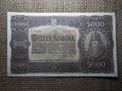 5000 korona 1923 , Magyar Pénzjegynyomda , szakszerűen restaurált 